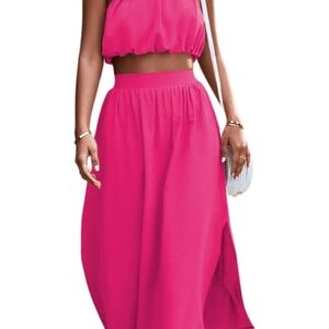 One-Shoulder Hot Pink Maxi Dress with Side Slit